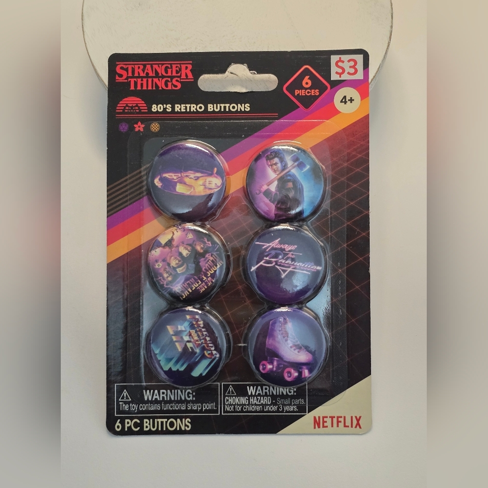 Netflix Stranger Things 6 Count 80's Retro Style Pinback Buttons [Read Details]